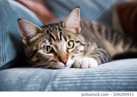 Sweet domestic stripped cat lounging comfortably on cushioned sofa furniture in day sunlight. Generative AI 109200915