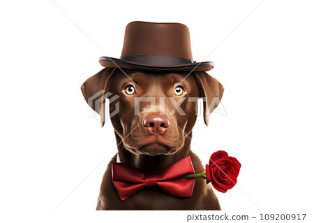 Lovely brown dog with charming eyes wearing hat and red bow tie holding rose on white background. Generative AI 109200917