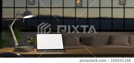 A white-screen mock up tablet on a table in minimal modern living room. Home workspace 109201186