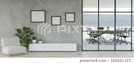 Modern contemporary office space with single sofa and office table in the meeting room. Modern contemporary office space with single sofa and office table in the meeting room. 109201187