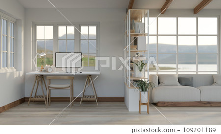 Minimal comfortable living room with table and mock up desktop computer with modern sofa. Minimal comfortable living room with table and mock up desktop computer with modern sofa. 109201189