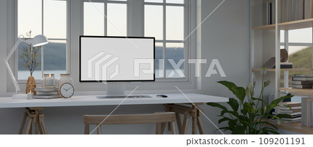 Minimal comfortable living room with table and mock up desktop computer with modern sofa. Minimal comfortable living room with table and mock up desktop computer with modern sofa. 109201191
