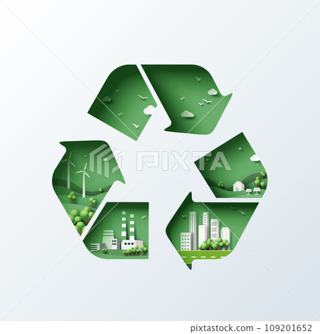 Recycle symbol of Sustainability in green eco city, alternative energy and ecology conservation concept background. Vector illustration in paper art craft style. Recycle symbol of Sustainability in green eco city, alternative energy and ecology conservation concept background. Vector illustration in paper art craft style. 109201652