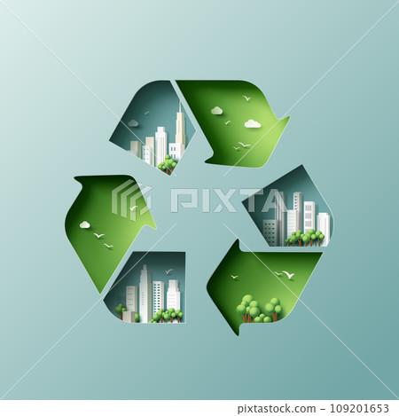 Recycle symbol of Sustainability in green eco city, alternative energy and ecology conservation concept background. Vector illustration in paper art craft style. Recycle symbol of Sustainability in green eco city, alternative energy and ecology conservation concept background. Vector illustration in paper art craft style. 109201653