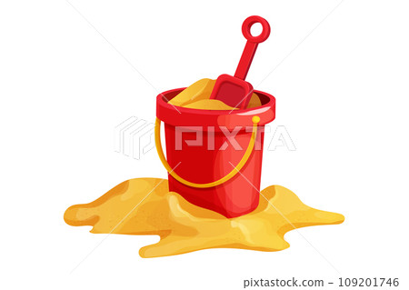 Red bucket with shovel on golden sand, toys in cartoon style isolated on white background. Kid summer game outdoors. 109201746
