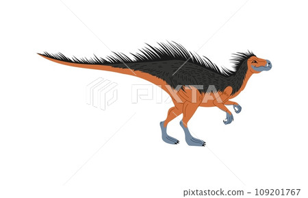 Prehistoric extinct animal, isolated icon of realistic dinosaur character. Vector dino personage with claws and fur on body Prehistoric extinct animal, isolated icon of realistic dinosaur character. Vector dino personage with claws and fur on body 109201767