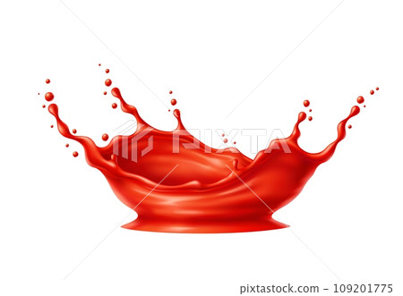Tomato red juice or ketchup sauce corona splash. Realistic 3d vector liquid catsup, fruit, berry or vegetable juice crown splosh. Blood or paint drip with splashing drops, isolated drink pour motion 109201775