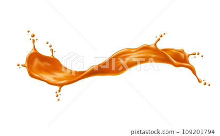Caramel sauce wave splash or flow. Golden swirl with drops. Juice or toffee splatter. 3d vector drink, liquid sugar candy wavy splash with creamy texture. Isolated realistic motion with spray droplets Caramel sauce wave splash or flow. Golden swirl with drops. Juice or toffee splatter. 3d vector drink, liquid sugar candy wavy splash with creamy texture. Isolated realistic motion with spray droplets 109201794