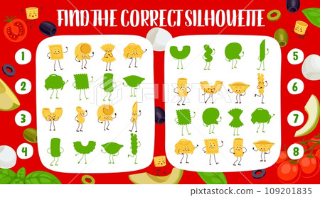 Find silhouette of funny italian pasta characters kids game quiz. Vector worksheet of cute noodles and macaroni food personages puzzle, matching kawaii farfalle, ravioli, penne and fusilli pasta 109201835
