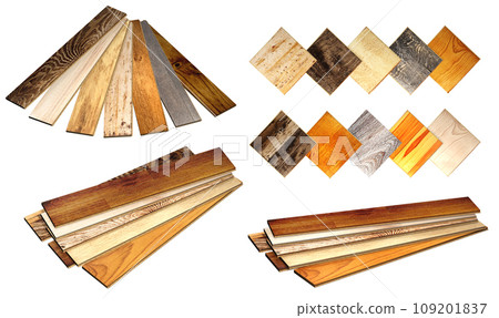 Collection of planks of new parquet of different colors. Isolated on white background. 3d render 109201837