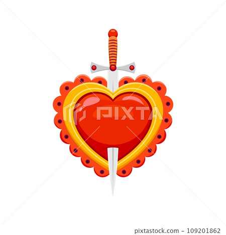 Cartoon mexico sacred Jesus heart pierced by sword. Mexico love tattoo, Christian religion Gods heart symbol or Latin America culture spiritual decoration, vector print of heart pierced with sword 109201862