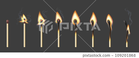 Burning match animation, stages. Realistic 3d vector sequence frame of matchstick ignition from whole to complete combustion and charring. Match stick with normal, and burnt sulphur sprite sheet 109201868