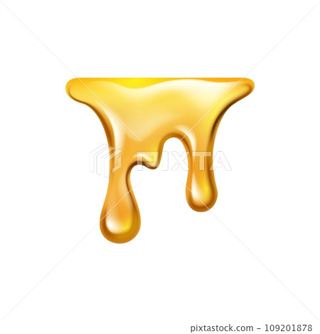 Honey or maple syrup liquid dripping, isolated realistic sweet yellow substance melting. Vector sweet jelly fluid with drops, sticky oil or caramel flowing 109201878