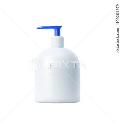 Detergent and clean product plastic bottle mockup. Isolated 3d vector white container with blue pump. Packaging for cream, soap or liquid products, showcasing its realistic design and functionality 109201879