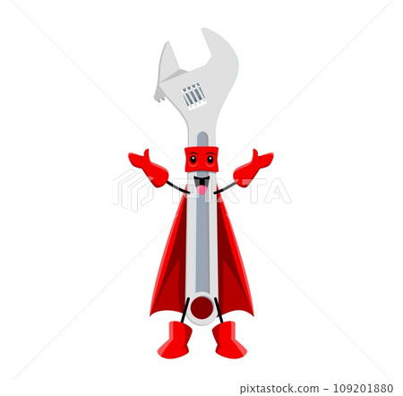 Cartoon wrench tool superhero character. Isolated vector defender fixes problems and battles evil with mechanical prowess, tightens troubles away, unscrewing villains with ease. Ready to fix the day Cartoon wrench tool superhero character. Isolated vector defender fixes problems and battles evil with mechanical prowess, tightens troubles away, unscrewing villains with ease. Ready to fix the day 109201880
