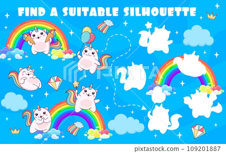 Find a suitable silhouette of magic cute caticorn cat and kitten characters game quiz vector worksheet. Matching puzzle game of cartoon rainbows and clouds on sky background with funny unicorn cats Find a suitable silhouette of magic cute caticorn cat and kitten characters game quiz vector worksheet. Matching puzzle game of cartoon rainbows and clouds on sky background with funny unicorn cats 109201887