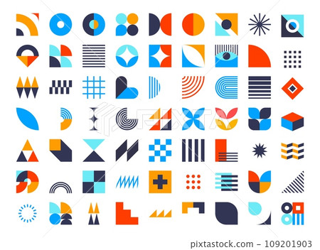 Bauhaus geometric elements, abstract shapes and modern forms vector set. Circle, square and triangle figures of basic geometry, color lines, crosses, stars, eyes, arches and zigzag bauhaus elements 109201903