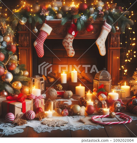 traditional Christmas decorated living room with holiday garlands and dinnerware. traditional Christmas decorated living room with holiday garlands and dinnerware. 109202004