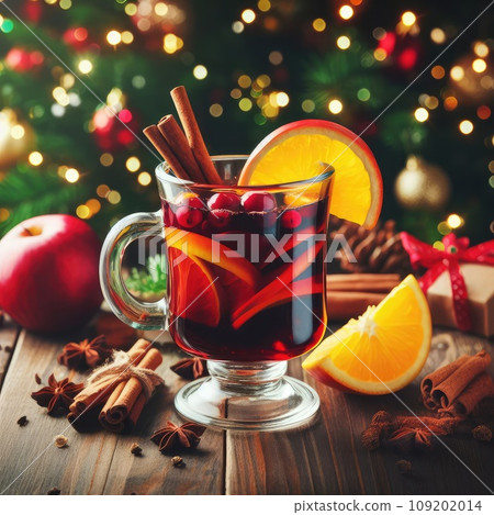 Christmas mulled wine with apple, cranberry, orange, spices and chocolate on a wooden table 109202014