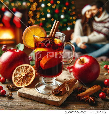 Couple relaxing with glasses of red wine at romantic fireplace on winter evening 109202017