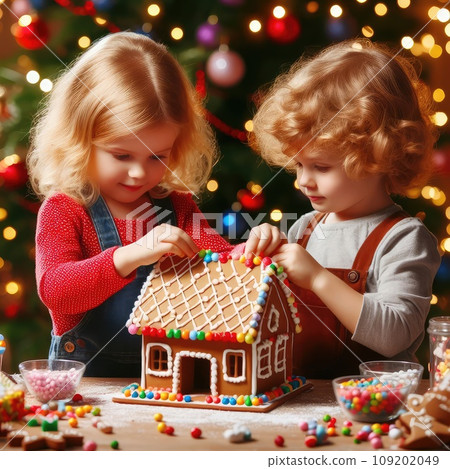 children making Gingerbread house decorated with colorful candies against Christmas tree background 109202049