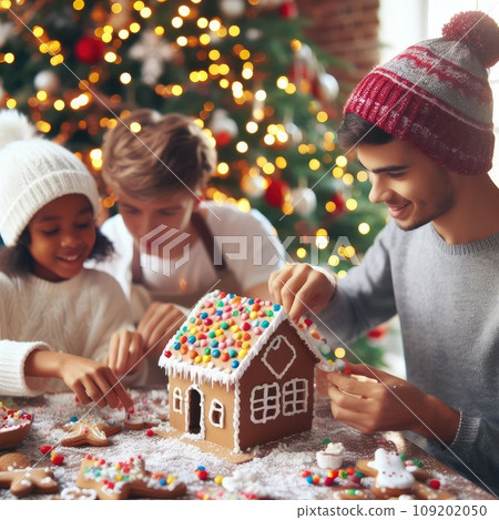 children making Gingerbread house decorated with colorful candies against Christmas tree background children making Gingerbread house decorated with colorful candies against Christmas tree background 109202050