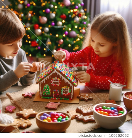 children making Gingerbread house decorated with colorful candies against Christmas tree background children making Gingerbread house decorated with colorful candies against Christmas tree background 109202062