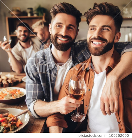 joyful gay man with boyfriend and joyful parents during family supper at home 109202090