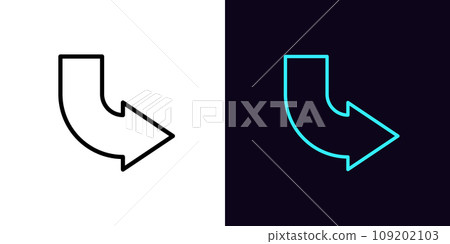 Outline bended arrow icon, with editable stroke. Curved arrow pointer, bent arrowhead sign. Rounded arrow, turning cursor, bended navigation pointer, rotate motion direction. Vector icon 109202103
