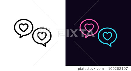 Outline love chat icon, with editable stroke. Bubble messages with heart, online dating chat. Love communication, romantic talk, dating app. Private date service, love conversation. Vector icon 109202107