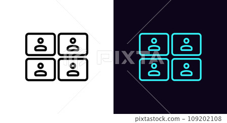 Outline video conference icon, with editable stroke. Work team video call meeting, online conference, webinar, remote virtual session. Group video chat with participants in web windows. Vector icon 109202108