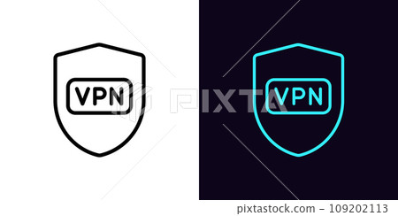 Outline secure VPN icon, with editable stroke. Shield sign with VPN button. Safe virtual private network. Secure personal internet access, proxy address. Web app, global cyber security. Vector icon 109202113