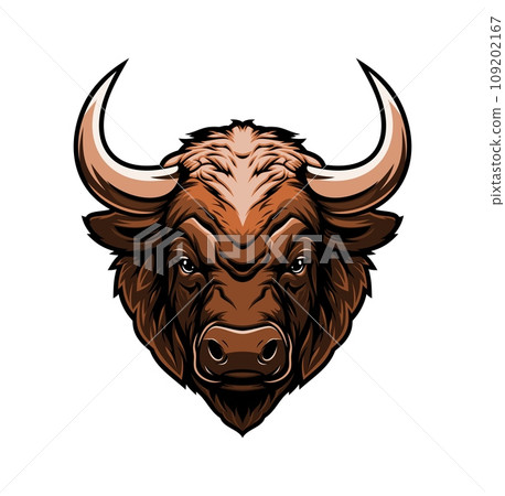 Generative ai wild wild bull or buffalo animal mascot. Ai generated tattoo character. Isolated neat head with long horns, symbol of strength or untamed spirit, embodies wild and rugged essence of team 109202167