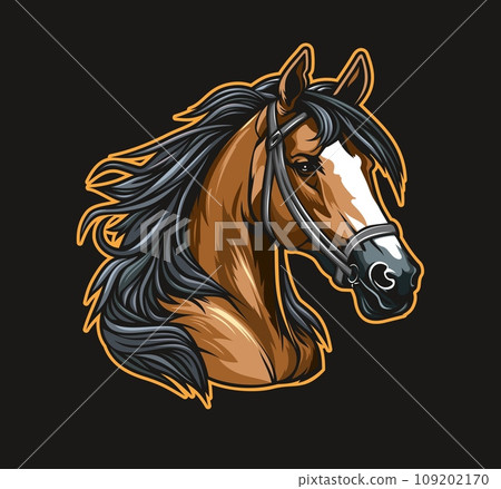 Ai generated horse racing stallion mascot. Isolated cartoon mustang head with harness, wild, powerful, and fierce equine. Symbol of strength, and passion, inspiring courage in sports, and schools 109202170