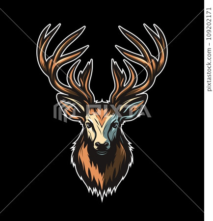 Generative ai deer with long antlers. Ai generated animal mascot character. Isolated graceful stag head front view symbolizes agility, and nature. Powerful emblem of team spirit and determination Generative ai deer with long antlers. Ai generated animal mascot character. Isolated graceful stag head front view symbolizes agility, and nature. Powerful emblem of team spirit and determination 109202171