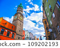 The Innsbruck town tower or Stadtturm Austria landmark colorful scene  109202193