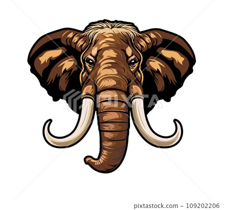 Generative ai mammoth animal mascot. Ai generated character. Isolated majestic wild creature head with tusks and brown fur. Relic of the ice age, ancient giant, symbol of prehistoric power and wonder 109202206