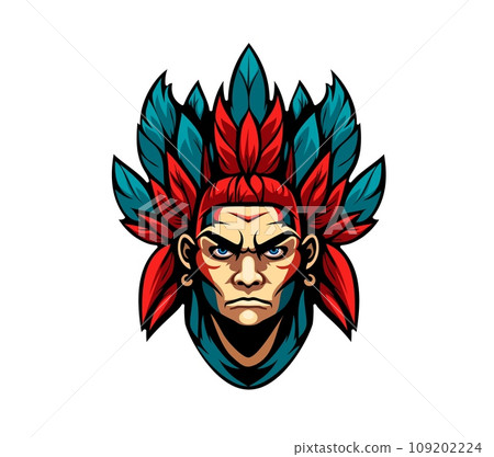Generative ai indian warrior mascot. Ai generated human character wear traditional feathered headwear and a determined expression, embodies strength, honor, spirit of bravery, heritage and tradition 109202224