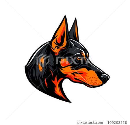 Generative ai doberman dog mascot. Ai generated character head. Dynamic and dignified canine, embodies strength and loyalty. With sleek black and tan fur, it symbolizes power and a fearless spirit Generative ai doberman dog mascot. Ai generated character head. Dynamic and dignified canine, embodies strength and loyalty. With sleek black and tan fur, it symbolizes power and a fearless spirit 109202258