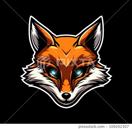 Ai generated cartoon fairytale fox mascot with a mischievous grin and twinkling or sparkling eyes. Isolated animal head with red fur, magical symbol of wonder and imagination, intelligence and cunning 109202307