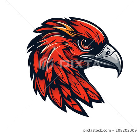 Ai generated cartoon red eagle or falcon bird mascot. Isolated powerful symbol of strength and freedom. Bird head with piercing eyes conveys spirit of perseverance and excellence for sports teams 109202309