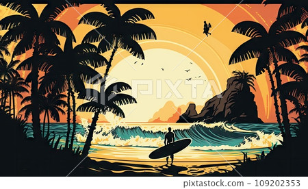 Surf board on sandy tropical beach, palm trees and man in paradise at sunrise or sunset, ai generated illustration. Sunny landscape and surfer, sun shines and big waves, mountains Surf board on sandy tropical beach, palm trees and man in paradise at sunrise or sunset, ai generated illustration. Sunny landscape and surfer, sun shines and big waves, mountains 109202353