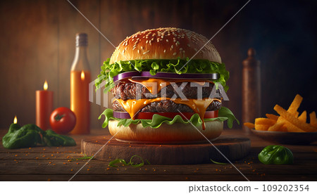 AI generated double hamburger on cutting board. Fast food or BBQ restaurant tasty hamburger, big burger or sandwich with meat, vegetables, cheese and sesame seed bun, fries and candles on background 109202354
