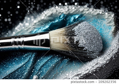 Makeup brush and silver glitter, AI generated cosmetic background. Luxury glitter, shimmering face powder and eyeshadow with silver sparks and particles, professional brush of makeup artist kit 109202356