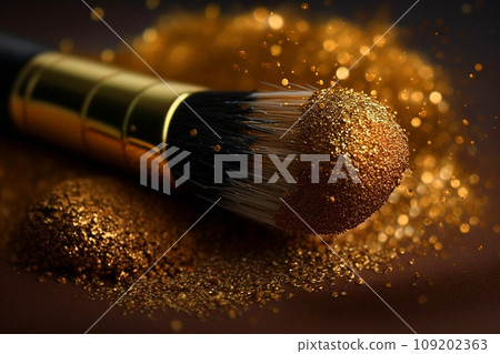 Makeup brush with gold glitter or face powder, AI generated cosmetic product and beauty tool. Professional cosmetic brush of makeup artist kit with black and white bristles and golden sparkles 109202363