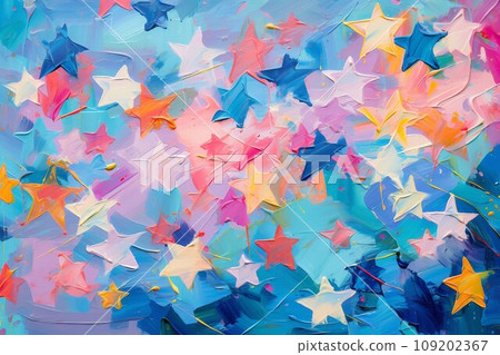 抽象油畫橫幅）淺藍色粉紅色背景上橙色、藍色和白色的粗糙星形圖案。 AI生成影像 109202367