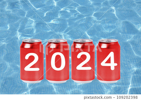2024, Red soda cans with the number 2024 on background of faded lights. Happy New Year 109202398
