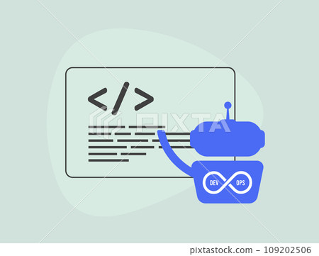 AI DevOps concept. Collaboration in AI, software creation and communication. Modern development and artificial intelligence management processes. Vector isolated illustration on white background 109202506