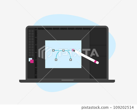 Laptop display with vector ui design program for professional digital art, graphics editing. Designer Dashboard, graphics editor with toolbar software for illustration and vector digital art creation 109202514
