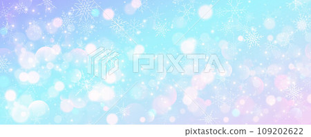 Cold blue pastel winter sky. Christmas snowy background. Vector ice blizzard on gradient texture with bokeh and flakes. Festive new year theme for season sale wallpaper. 109202622